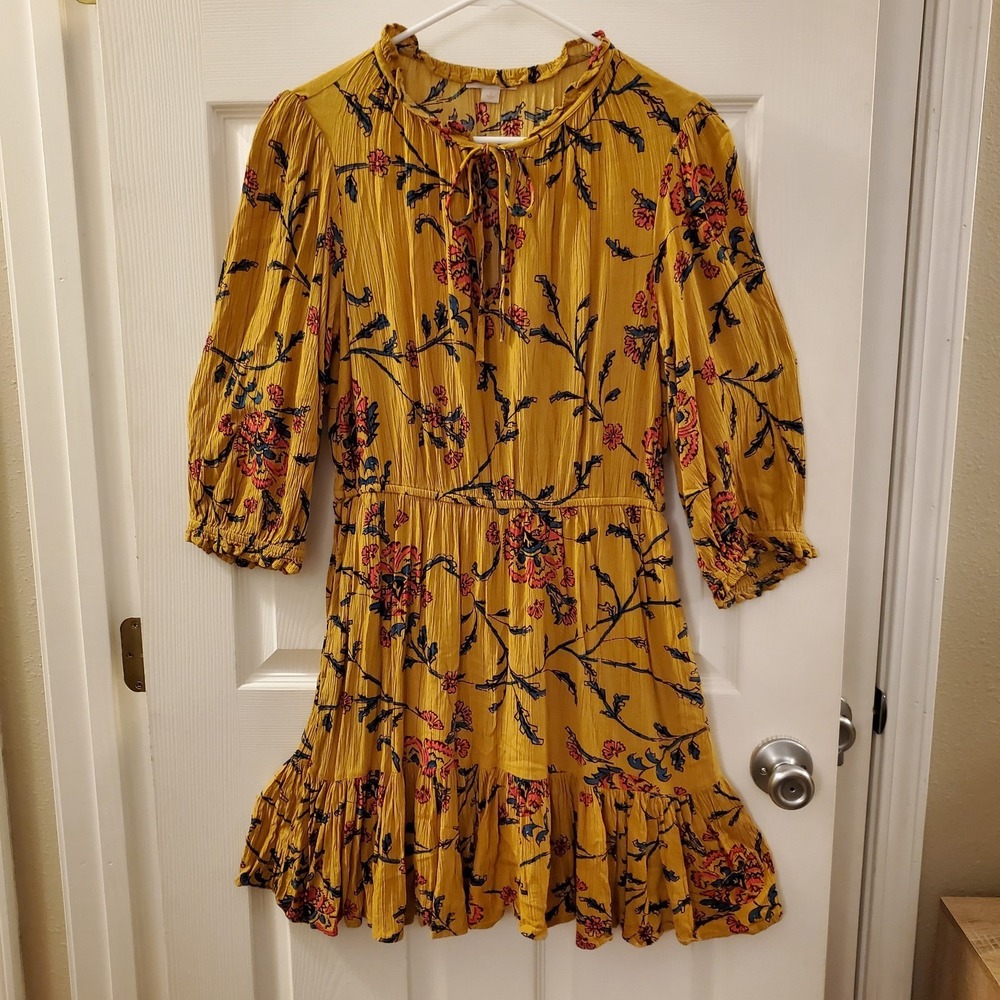 Knox Rose Small Mustard Floral Women's Dress Boho Peasant Fall 3/4 Slv cottage